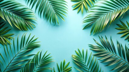 Aufkleber - A vibrant turquoise background adorned with a symmetrical arrangement of lush green palm leaves, creating a tropical and refreshing visual aesthetic.