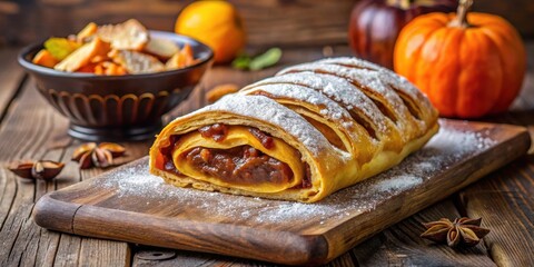 Poster - A close-up of a freshly baked strudel with powdered sugar, revealing the delicious filling inside, resting on a wooden cutting board with a pumpkin and star anise in the background.