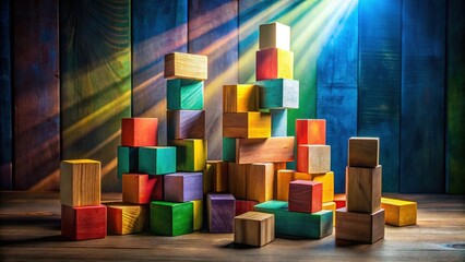 Poster - Colorful wooden blocks stacked in a creative and playful arrangement against a rustic wooden background with a warm spotlight illuminating the scene.