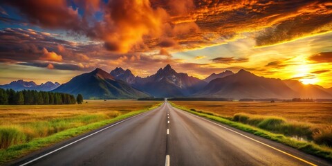 Aufkleber - A scenic road stretching into the distance under a breathtaking sunset with a backdrop of majestic mountain peaks