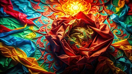 Aufkleber - A vibrant composition of colorful fabrics draped and folded over a carved ornate design, creating a captivating visual texture with a golden glow in the center.