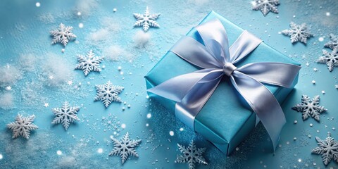 Poster - A Festive Blue Gift Box Adorned with a Delicate Silver Ribbon, Surrounded by Sparkling Snowflakes and a Hint of Winter Magic