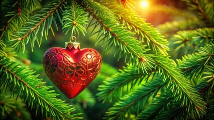 Poster - A single red heart-shaped Christmas ornament hangs from a lush evergreen branch, bathed in the warm glow of the setting sun.