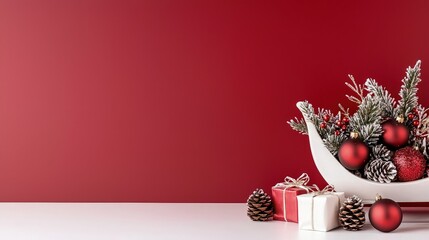 Wall Mural - Red Christmas ornaments and gifts in a white sleigh against a red background.