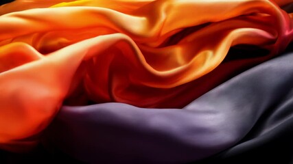 Poster - Flowing silky fabric in vibrant shades of orange, red, and black creates a visually stunning wave effect. This display highlights elegance and movement in textile art.