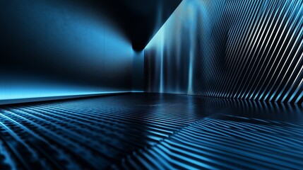 Poster - Abstract blue and black light dances on a metallic floor, creating a tranquil, modern atmosphere.