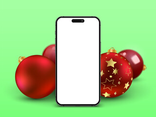 Poster - Phone mock up with Christmas balls decorations for app presentation with empty screen