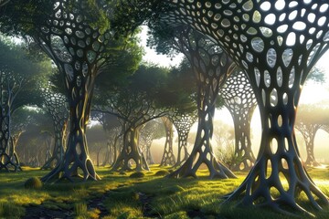 Aufkleber - Enchanted forest with towering trees and delicate webs in bright daylight revealing intricate nature wonders