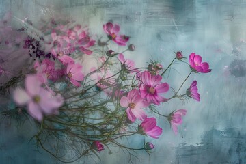 Fototapete - Colorful pink flowers bloom softly against a serene blue backdrop, creating a tranquil atmosphere in a garden during late spring