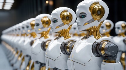 Poster - Futuristic Robots in a Production Line Setting Showcasing Advanced Technology and Human-like Features with Metallic Finishes and Intricate Designs