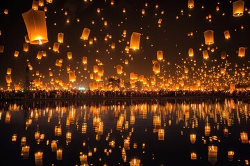 Wall Mural - breathtaking display of floating lanterns illuminating the night sky during a festive celebration in