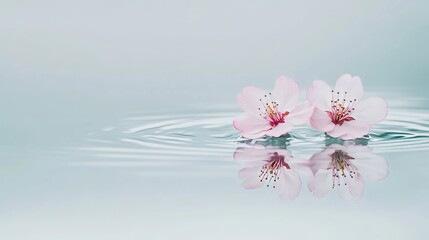 Poster - Pink cherry blossoms on a serene lake surface, close-up shot, Minimalist style