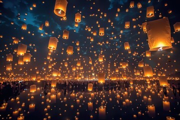 Wall Mural - breathtaking display of floating lanterns illuminating the night sky during a festive celebration in