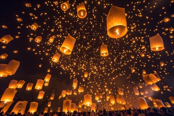 Wall Mural - breathtaking display of floating lanterns illuminating the night sky during a festive celebration in
