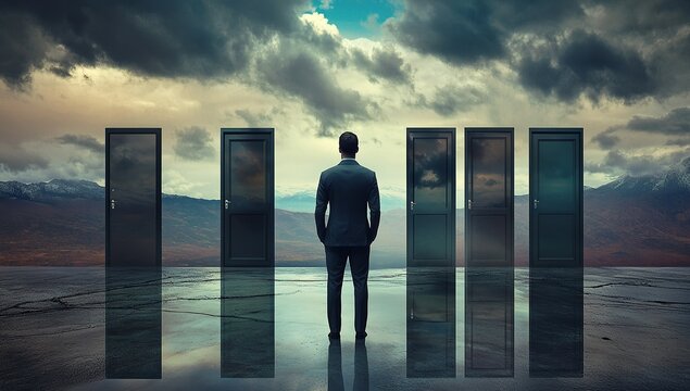 Businessman standing in front of multiple doors, each representing different practices