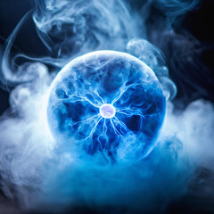 Wall Mural - abstract round magical energy sphere. glowing electric ball in neon blue white clouds of smoke.