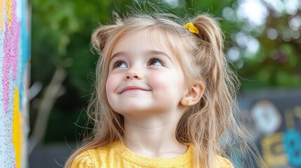 Wall Mural - Happy toddler girl looking up, outdoors.