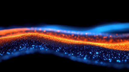 Wall Mural - abstract wave of glowing blue and orange particles on black background.