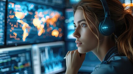 Poster - Women working in command center filled with holographic displays and advanced tactical maps.