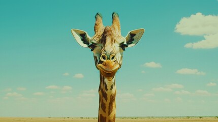 A clear blue sky serves as the backdrop for a close-up of a giraffe, emphasizing its unique patterns and long neck, with rich greenery in the foreground.