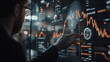 © Nati - An AI-enhanced trading discussion, with blurred hands interacting with a screen that merges physical and holographic elements. The professional in the background, wearing a black s
