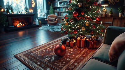 Poster - Top view, background a beautifully decorated Christmas tree. in living room.