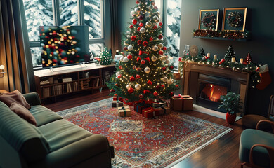 Poster - Top view, background a beautifully decorated Christmas tree. in living room.