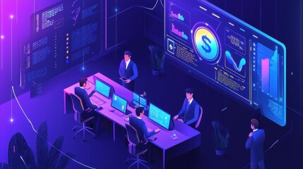 Poster - Collaborative Team of Financial Experts Analyzing Data in High-Tech Workspace with Advanced Visualizations