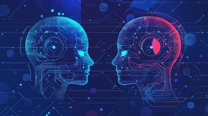 Poster - Futuristic Digital Interfaces Concept Art Featuring Dual Heads with High-Tech Design and Neon Colors