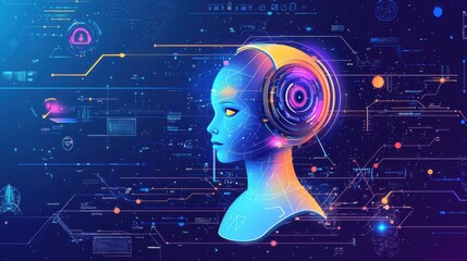 Poster - Futuristic Digital Interfaces Conceptual Design Featuring a Stylized Human Head with Advanced Technology Elements