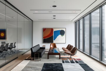 Aufkleber - Modern office space featuring collaborative work areas and vibrant art in a stylish corporate environment