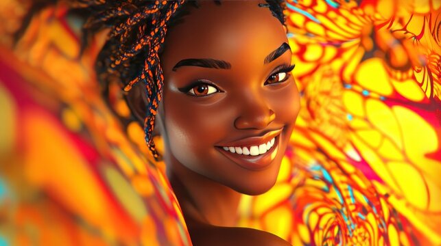 A close-up 3D cartoon of a young African woman with a beaming smile, surrounded by a bright, dynamic background.