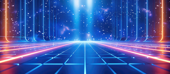 Poster - A blue background with light lines on the floor, a grid of squares on the top and bottom, white neon lights, a high-tech feel, a futuristic style, a sci-fi atmosphere.