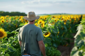 Wall Mural - Farmer tending to a sunflower field in bright sunlight during the late afternoon, surrounded by vibrant yellow blooms and lush greenery