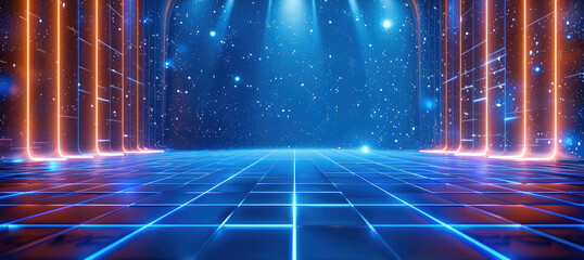 Poster - A blue background with light lines on the floor, a grid of squares on the top and bottom, white neon lights, a high-tech feel, a futuristic style, a sci-fi atmosphere.