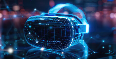 Poster - A wireframe hologram of a VR headset on a dark blue background, with glowing lines in a white color with a blue glow effect.