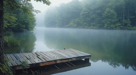Poster - A serene lakeside scene with a wooden dock, mist rising from the water, surrounded by lush greenery, peaceful atmosphere.