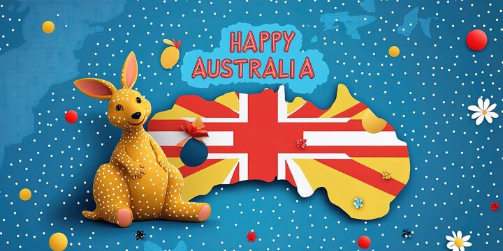 Happy Australia Day! A whimsical illustration features a kangaroo and polka dots on a map of the Australian flag background.