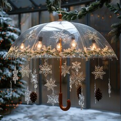 Aufkleber - An umbrella-shaped device made of pine leaves and pine cones is hung in the air indoors. Crystal clear gemstone strings and snowflake cards are strung together and hung around the umbrella canopy.