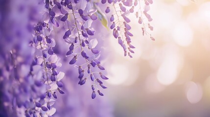 Poster - Purple wisteria blossoms hanging from a pergola, soft focus shot, Minimalist style