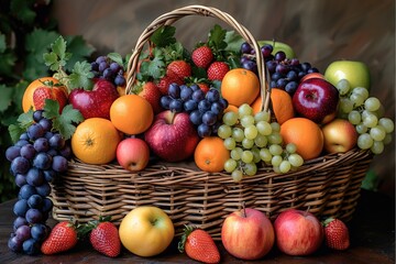 Canvas Print - A basket filled with fresh fruits and vegetables, such as grapes, apples, oranges, and strawberries, arranged in an artistic composition. The background is a dark brown.