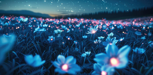 Poster - A field of wildflowers at night, with petals glowing fluorescent under a starry sky.