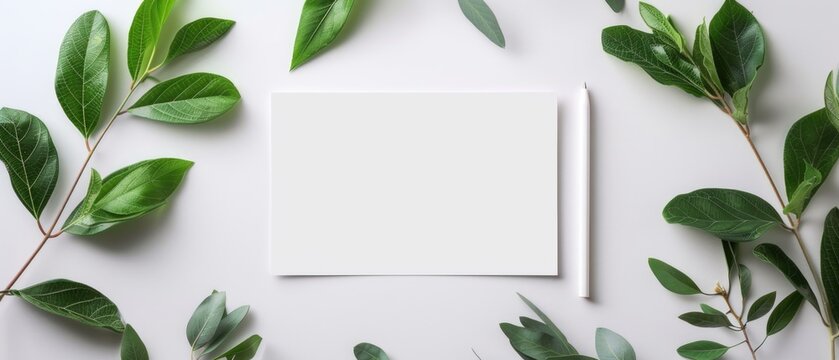 Flat lay composition of notebook, coffee, and green tropical leaves on a minimal background. Creative workspace and nature concept. Top view of paper and stationary with floral decoration. AIG55.
