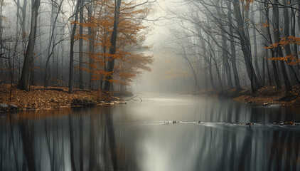 Poster - A serene and misty forest, centered around a calm river or stream. The leafless trees stand tall on either side of the water, creating a striking reflection on the still surface of the stream.