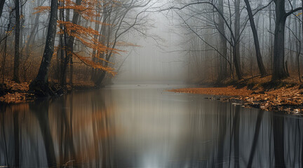 Poster - A serene and misty forest, centered around a calm river or stream. The leafless trees stand tall on either side of the water, creating a striking reflection on the still surface of the stream.