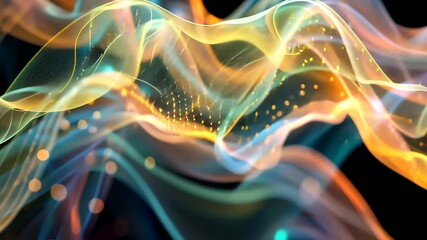 Poster - Translucent waves of color flow gracefully, illuminated with shimmering particles, creating an ethereal and captivating visual display in a dark setting.
