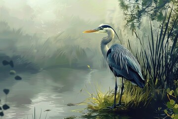 Poster - Tall heron standing gracefully by the calm water's edge surrounded by lush greenery in the early morning mist