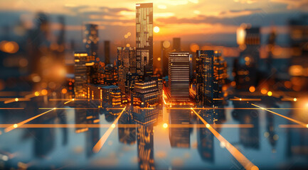Aufkleber - 3D glass towers city hub, glowing accents, soft golden light.