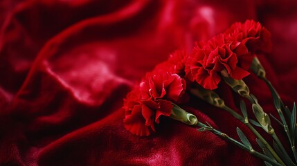 Aufkleber - Red carnations on a rich velvet red background, close-up shot, Minimalist style