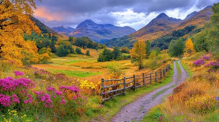 Sticker - Scenic autumnal valley with colorful foliage, dirt road, and wooden fence.